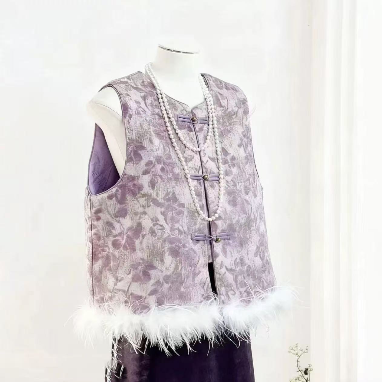 【紫韵】新中式冬季加棉保暖气质洋气减龄鸵鸟毛拼接马甲女