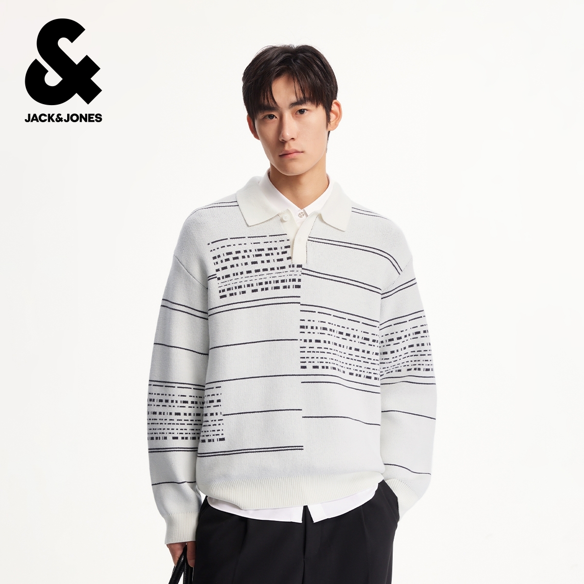 杰克琼斯男装冬季毛衣针织衫条纹提花翻领纽扣日常百搭款长袖上衣
