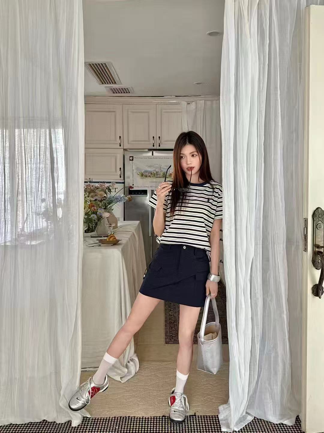 ManLing-小马条纹重工刺绣显瘦短袖