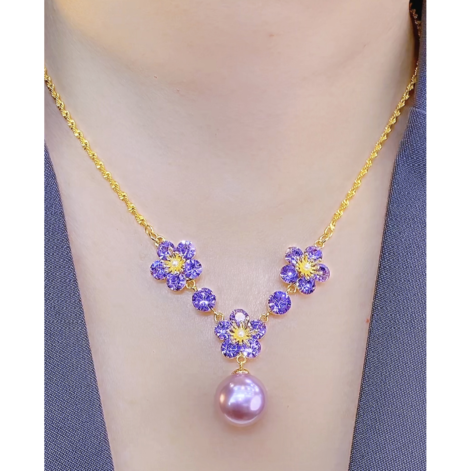 铜合金合成锆石项链 时尚洋气百搭优雅花朵珠珠项链