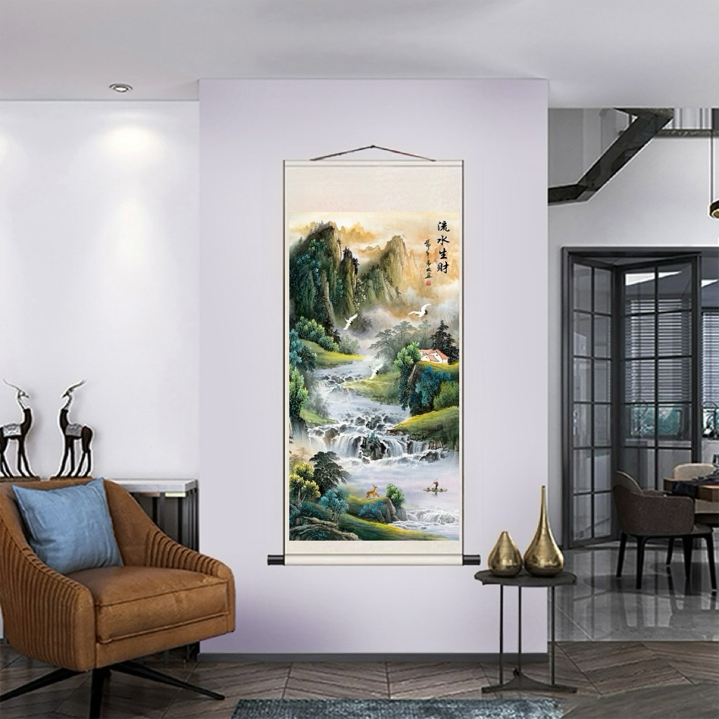 《流水生财》170*72CM 竖幅客厅走廊茶室走廊茶室办公室山水画