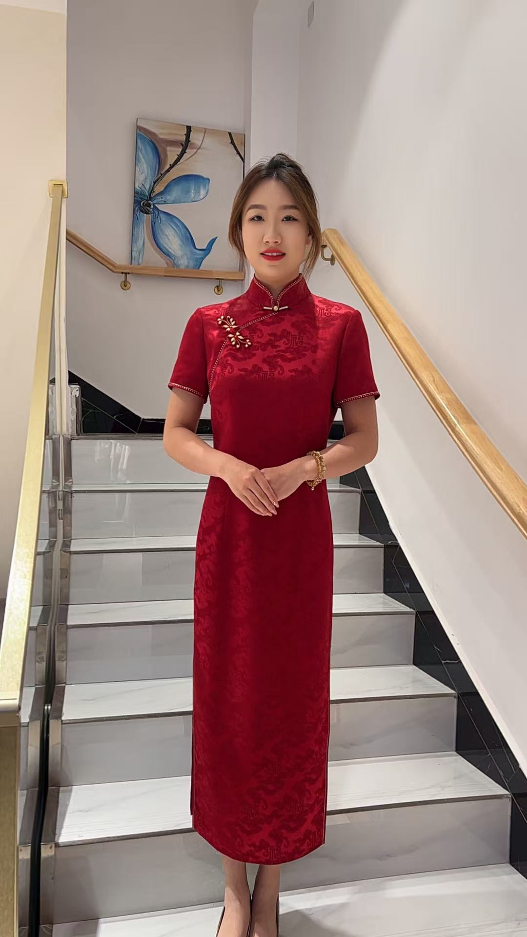 六礼170627衣长120传统改良旗袍优雅简约高贵暗纹醋酸旗袍