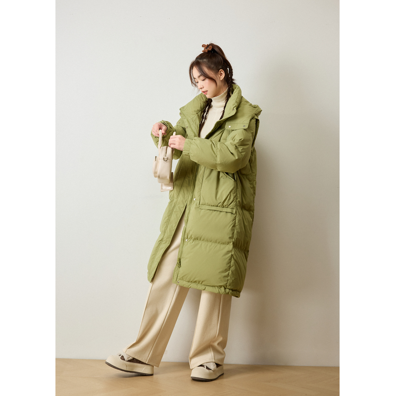 紫涵中长款连帽羽绒服外套冬季纯色直筒宽松鸭绒面包服Z4Z10AW024