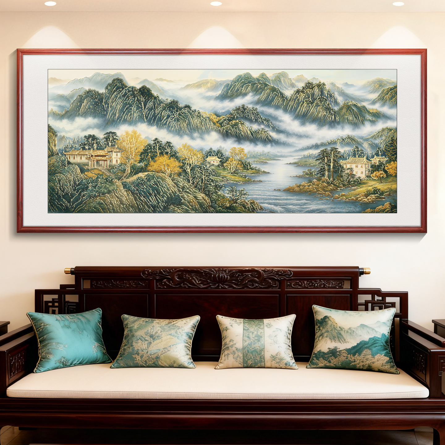 浮雕描金锦山秀水新中式山水客厅装饰画办公室沙发客厅背景墙挂画
