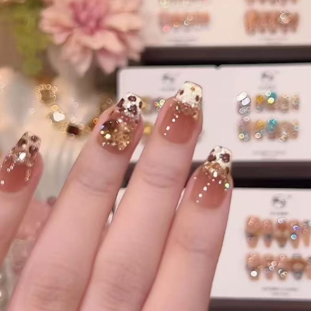 豹纹kitty猫纯手工穿戴甲猫眼爆闪熔金法式轻奢温柔显白氛围美甲