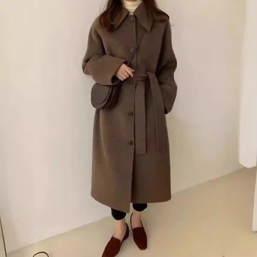 山羊绒绵双面呢大衣女秋冬立领长款带腰带顶奢面料赫本风外套