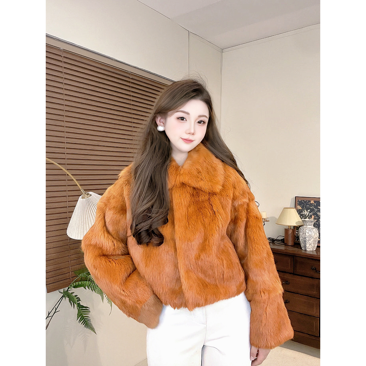 【复古名媛】冬季短款兔毛皮草外套老钱风保暖时尚