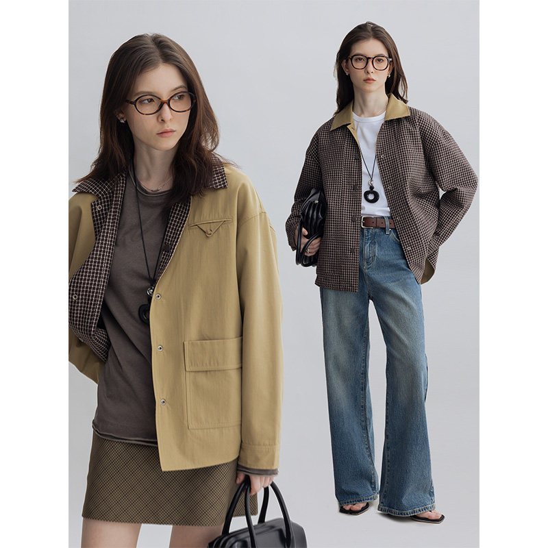 DotDrobe/多着双面穿 复古猎装夹克外套女春中长款宽松-卡其