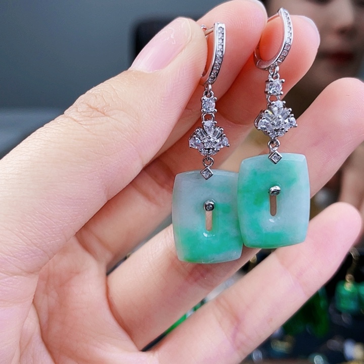 翡翠耳饰银S925镶嵌饰品