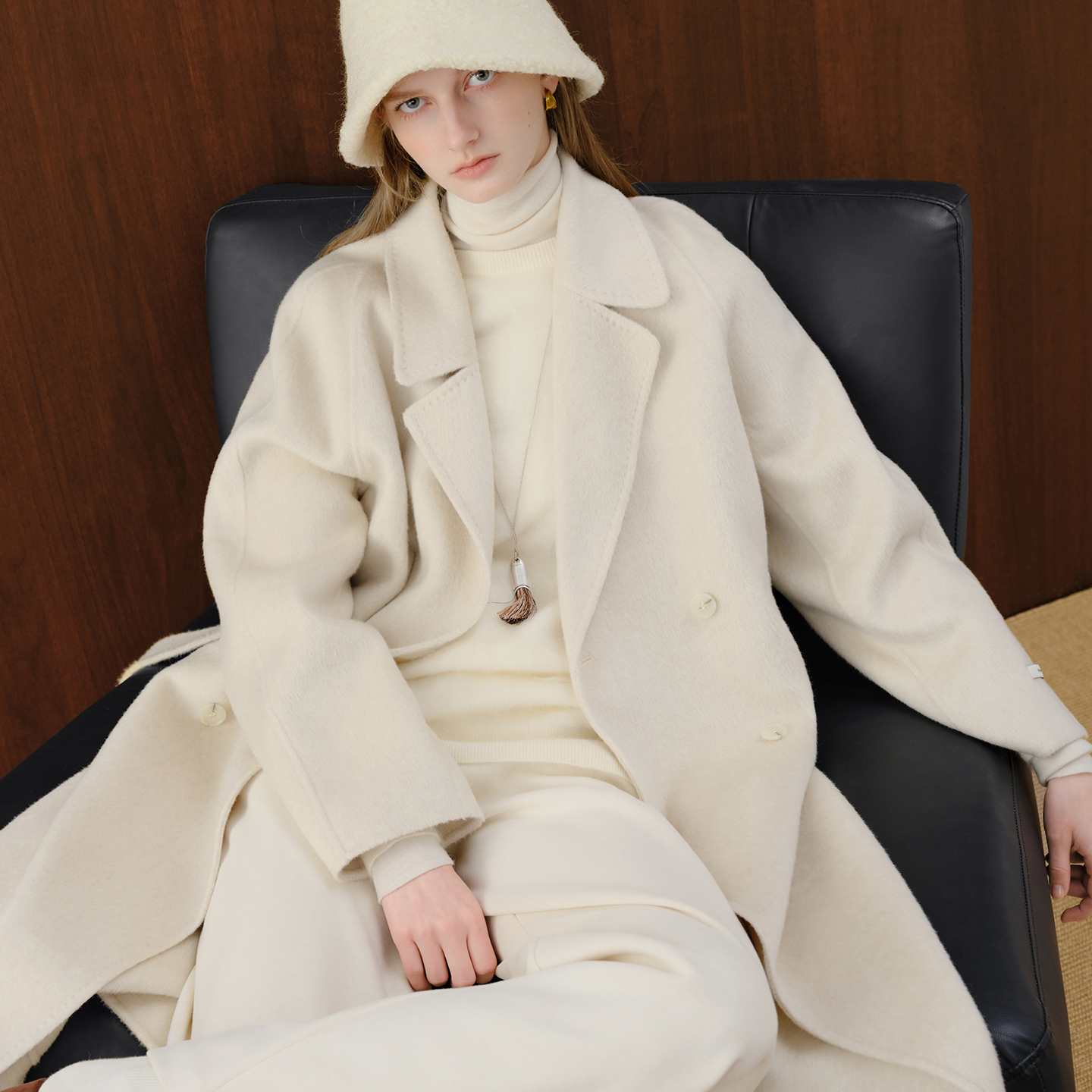 自巧巧制STUDIO 小个子白色驼绒羊毛大衣双面呢外套25ZQ94011