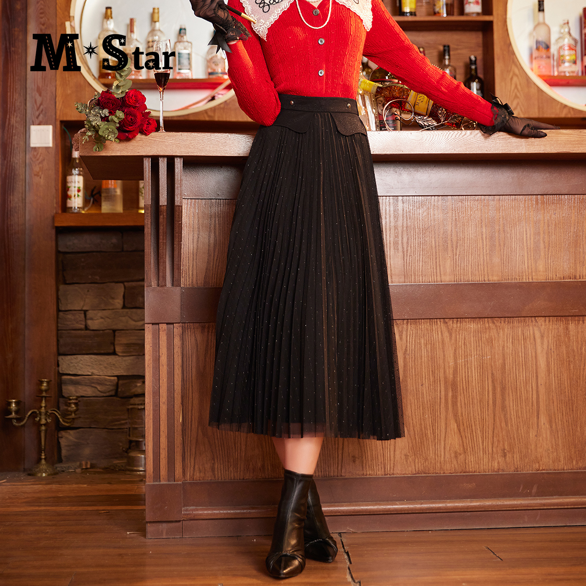 【小余专属】M-Star黑色网纱褶皱半身裙 SCDQ131386