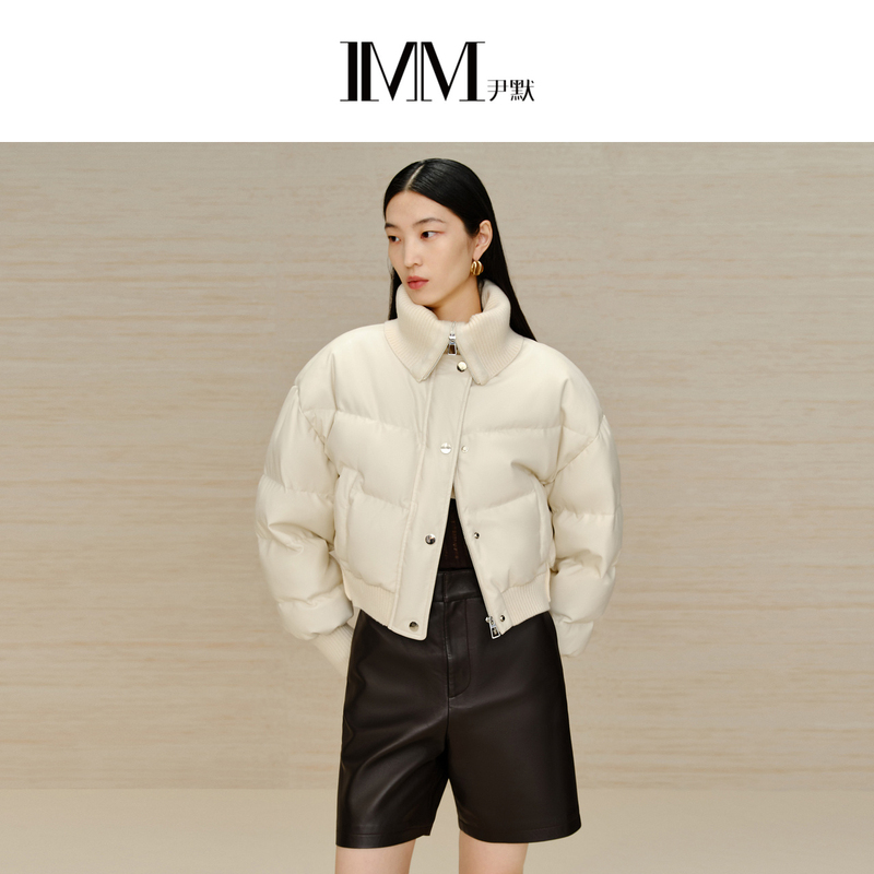 尹默女装冬季短款拼接设计超大毛织翻领90白鹅绒羽绒服