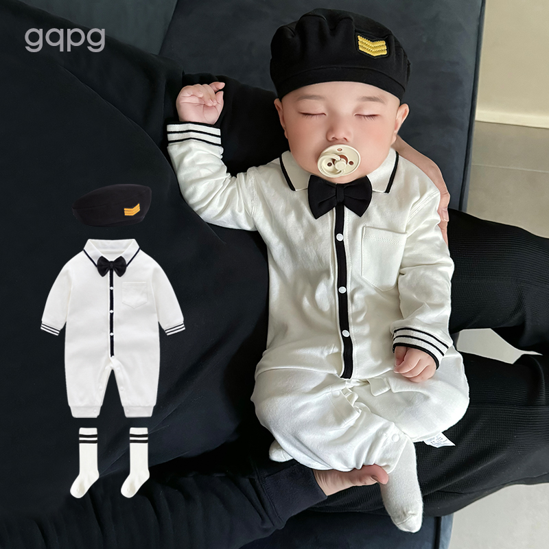 婴儿春秋装男满月服百天周岁服百日宴宝宝一岁绅士礼服纯棉连体衣