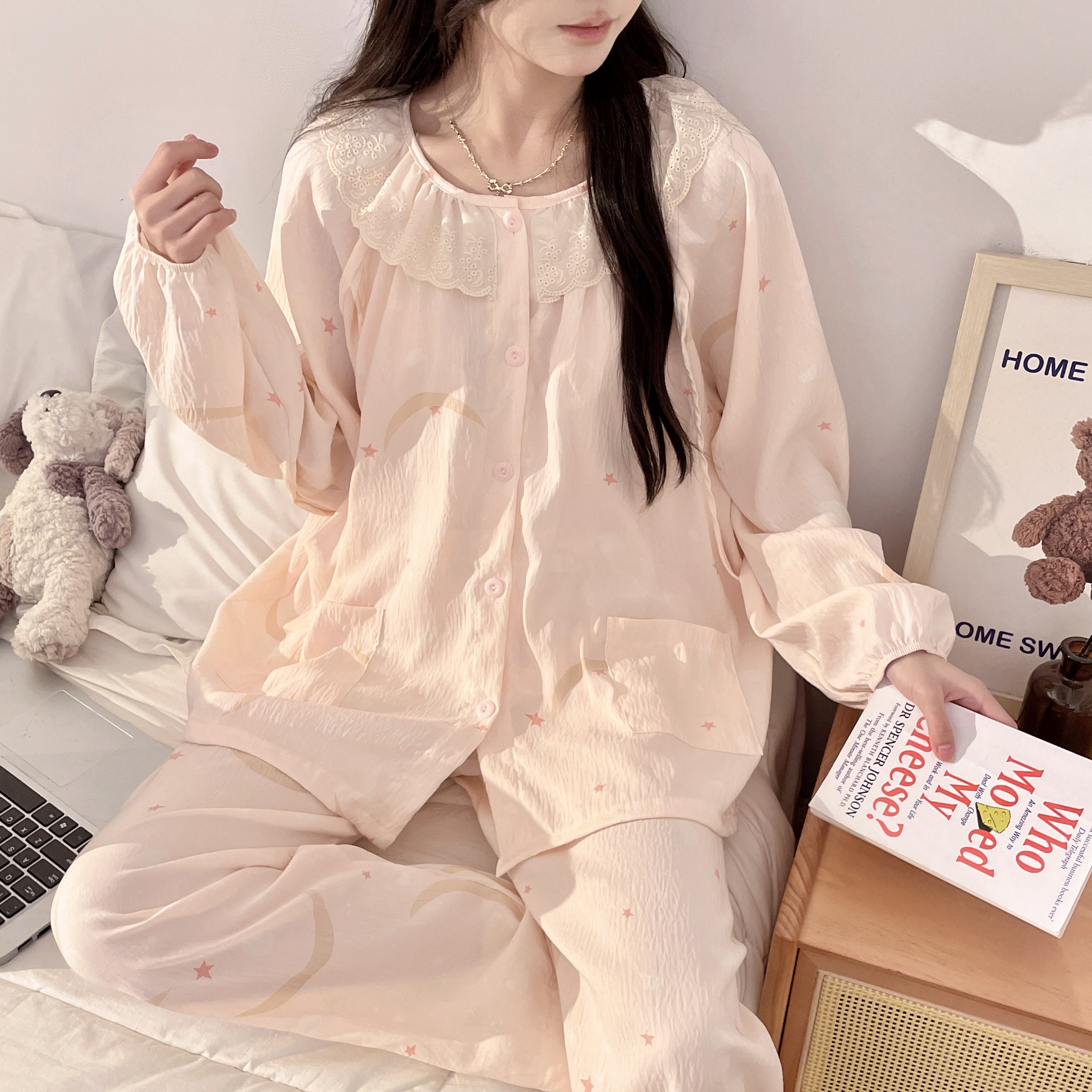 【带胸垫夏季薄款】皱皱棉纱月子服产后孕期孕妇哺乳睡衣宽松透气