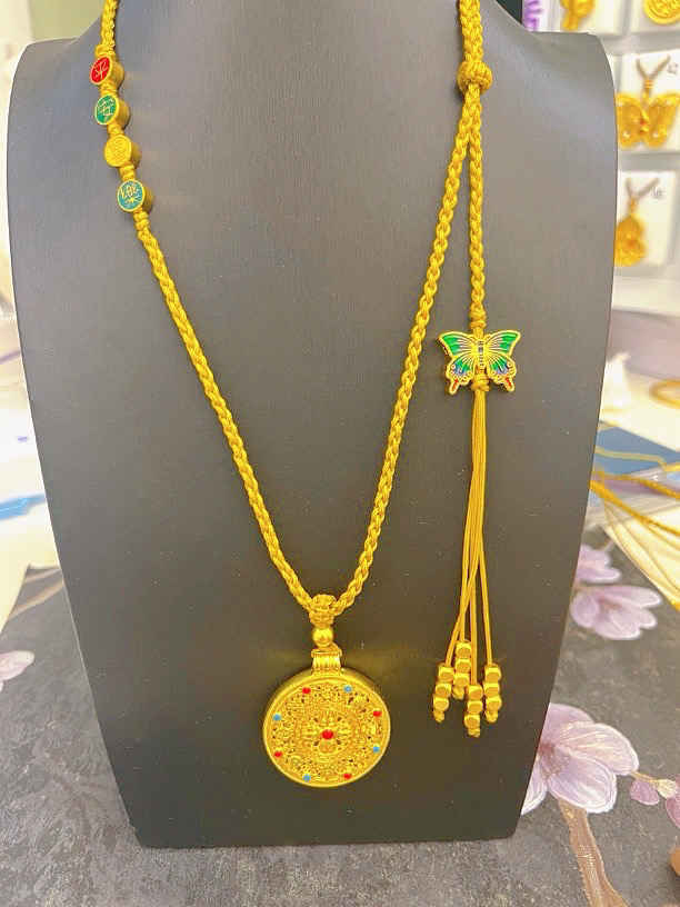 合金吊坠 平安喜乐财神蝴蝶流苏古风项链编绳饰品金色配饰