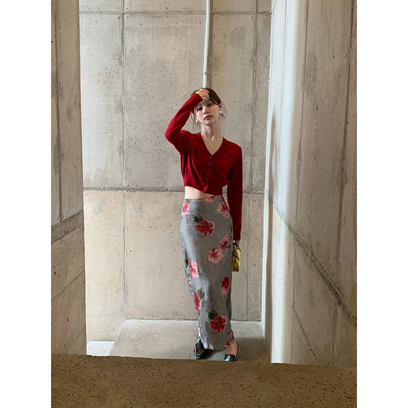 十三行春秋季法式复古浪漫精致玫瑰花朵半身裙女F1313