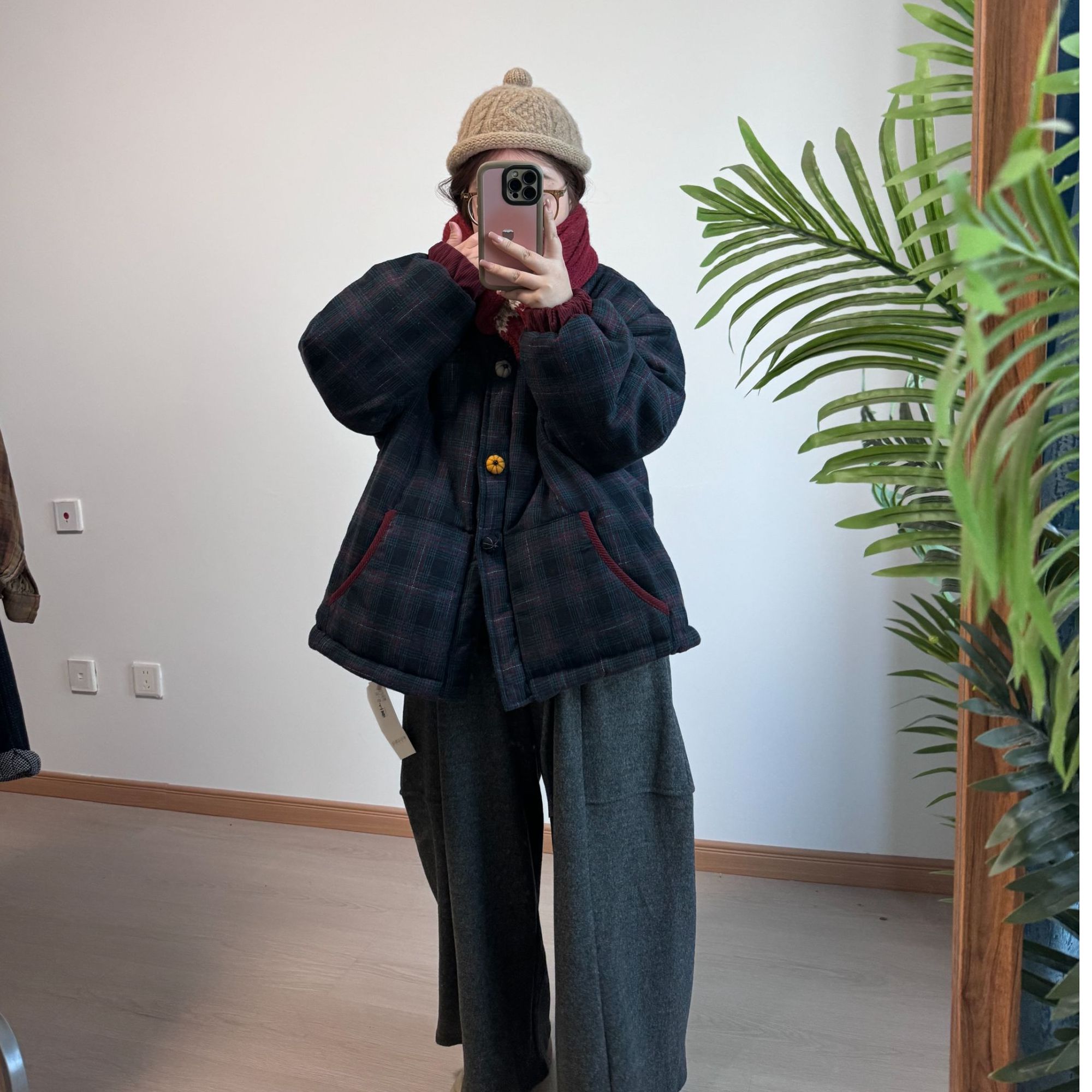 【编码拍这里】壹壹家山系日系冬季休闲毛呢格子棉服富婆风文艺风