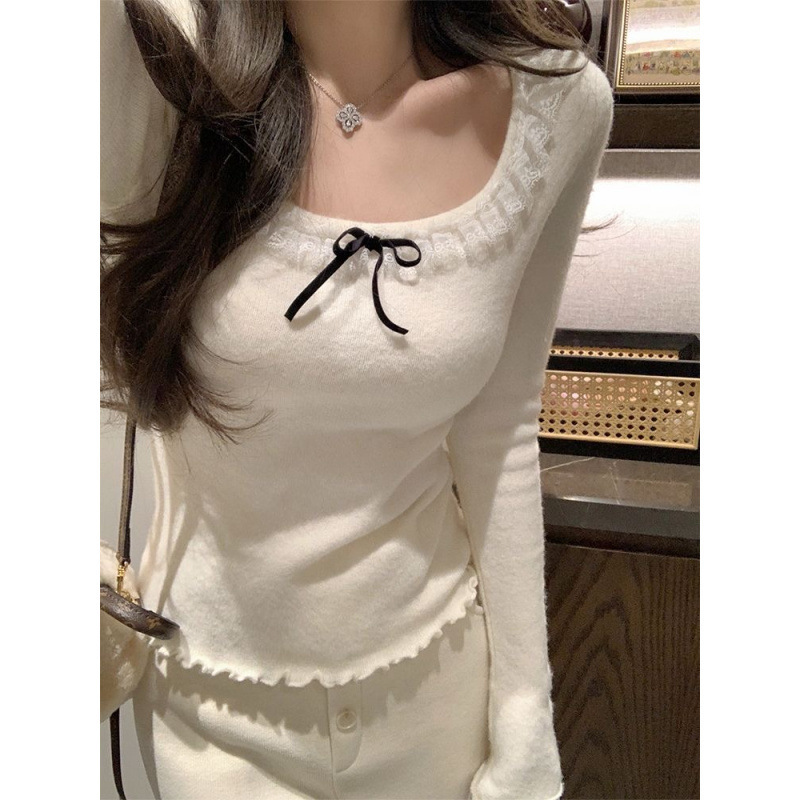 早秋法式方领甜美蕾丝花边德绒衫女修身德绒内搭打底衫喇叭袖上衣