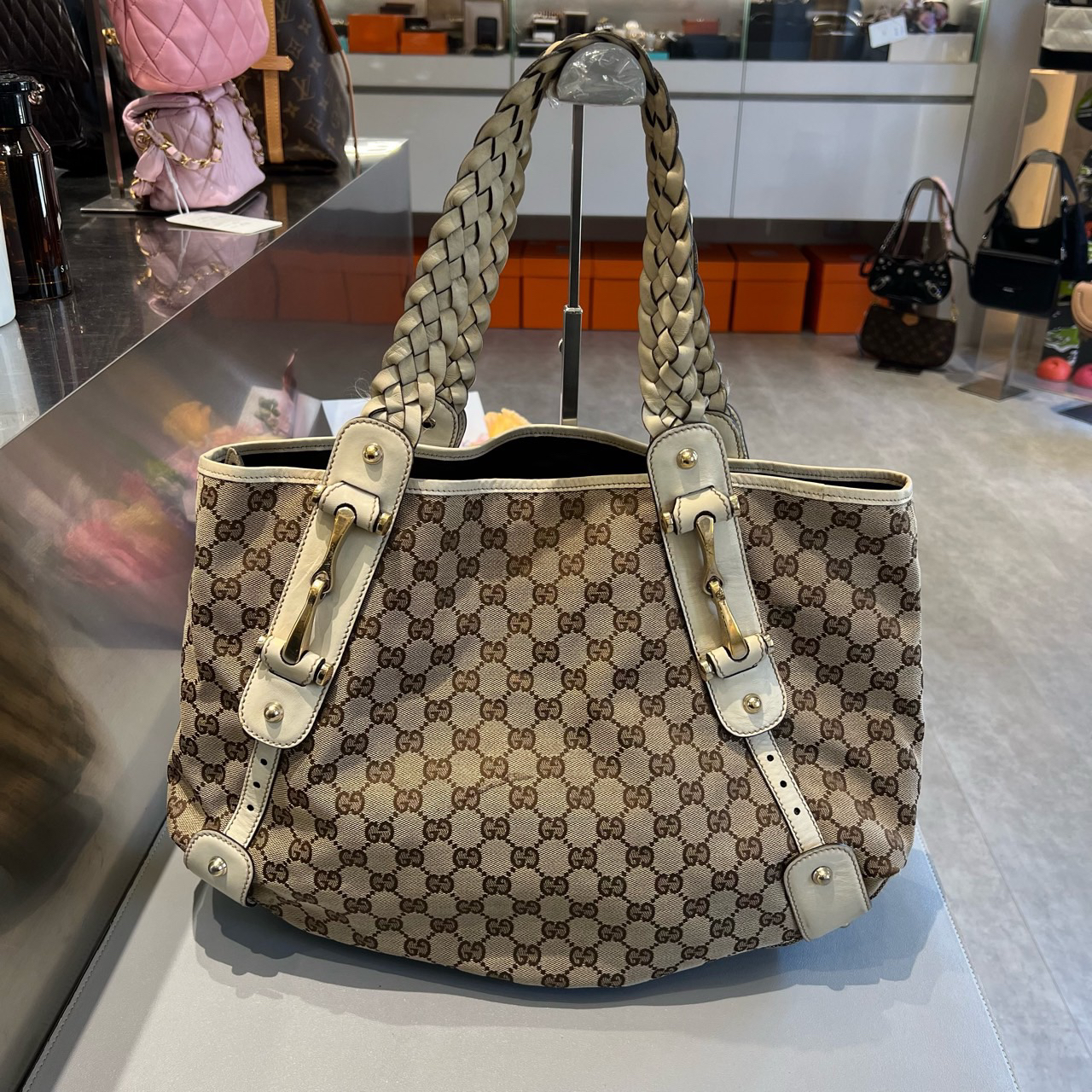 95新 GUCCI/古驰 编织拼帆布托特单肩包购物袋