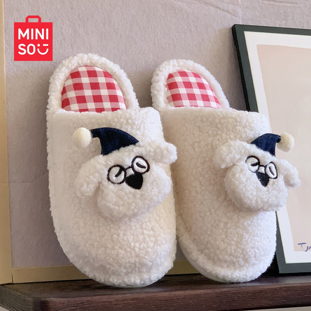 MINISO/名创优品防滑情侣女士棉拖鞋秋冬季男保暖卡通室内月子鞋