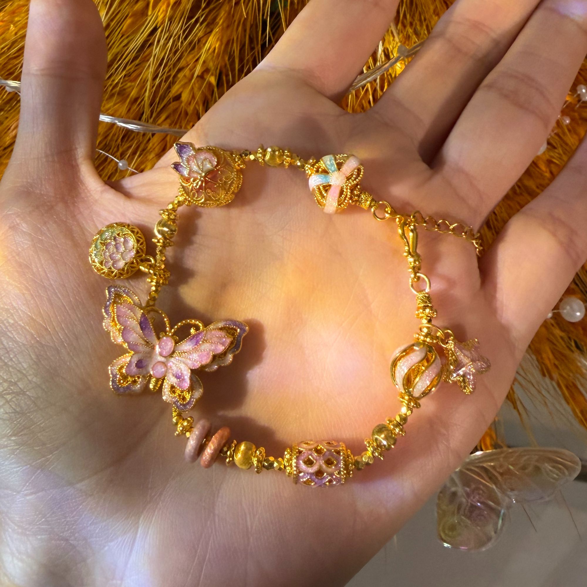 足金999高温烧蓝紫色蝴蝶爱心蹦迪珠手链 SL069