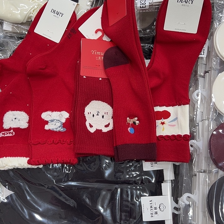 红色长绒棉高筒袜5双