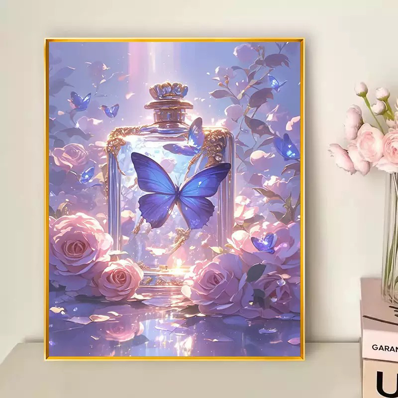 玫瑰蝴蝶香水钻石画满钻简约花卉玄关客厅装饰画手工diy点钻石绣