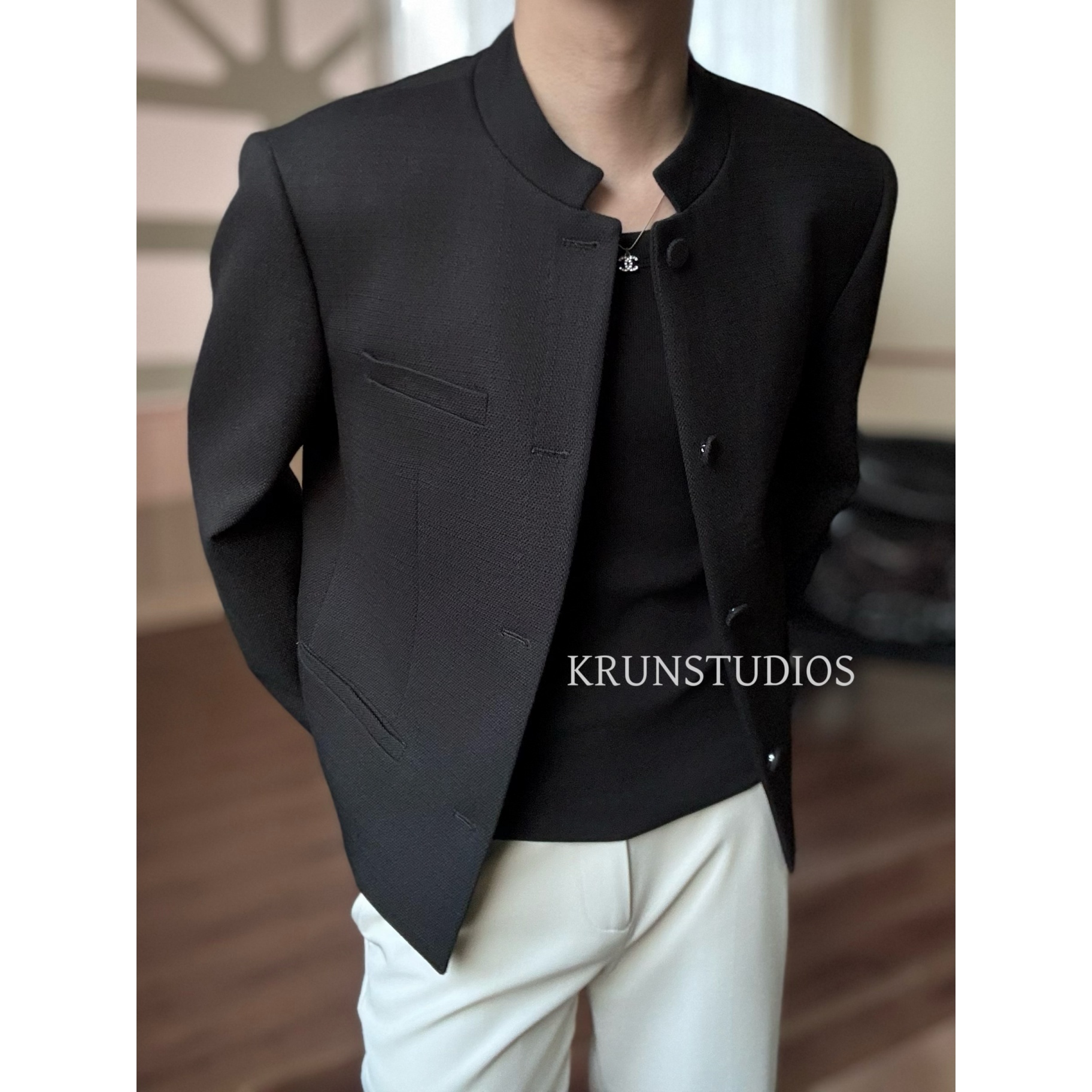 【KRUN】春秋中山装秋季国潮纯色修身立领夹克男装西服上装时尚百搭