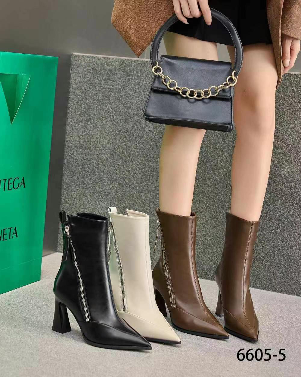 法式网红通勤气质尖头粗跟侧拉链短靴通勤高跟棕色瘦瘦靴6605-5