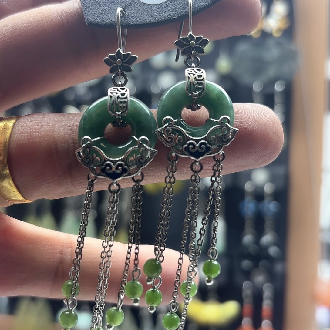 翡翠耳饰银S925镶嵌爱***河