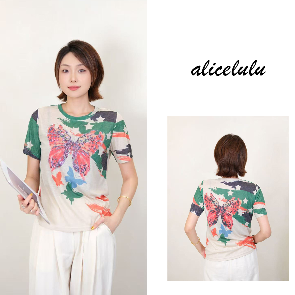 6alicelulu彩色蝴蝶印花圆领短袖T恤独特复古S2144173L