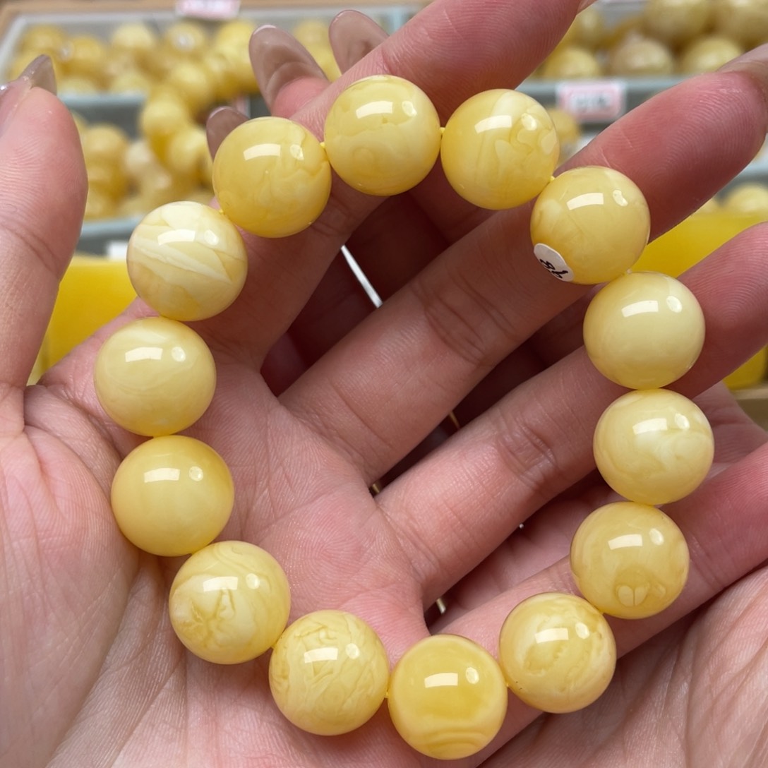 蜜蜡裸石未镶嵌蜜蜡圆珠手串14+