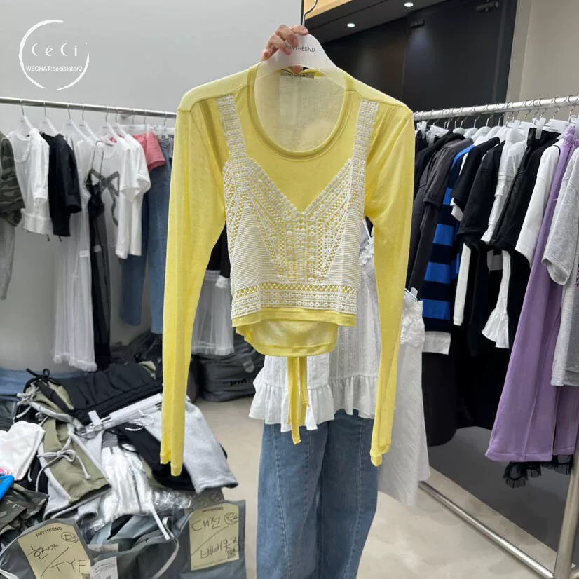 米娜家泡菜定制嫩黄色蕾丝吊带假两件防晒T恤