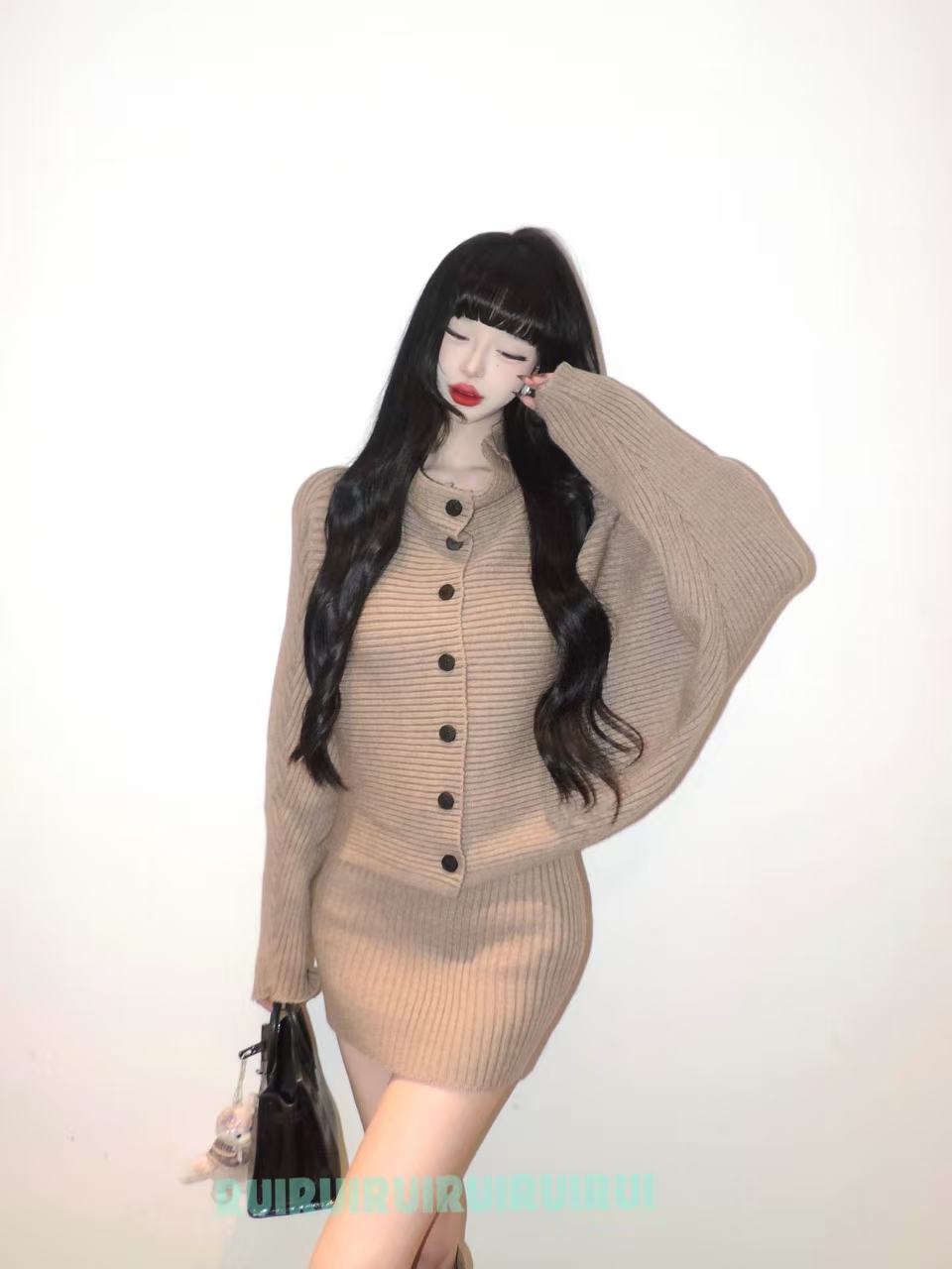 【HAN】伦敦画报 立领翻领针织套装+半身裙两件套D0357