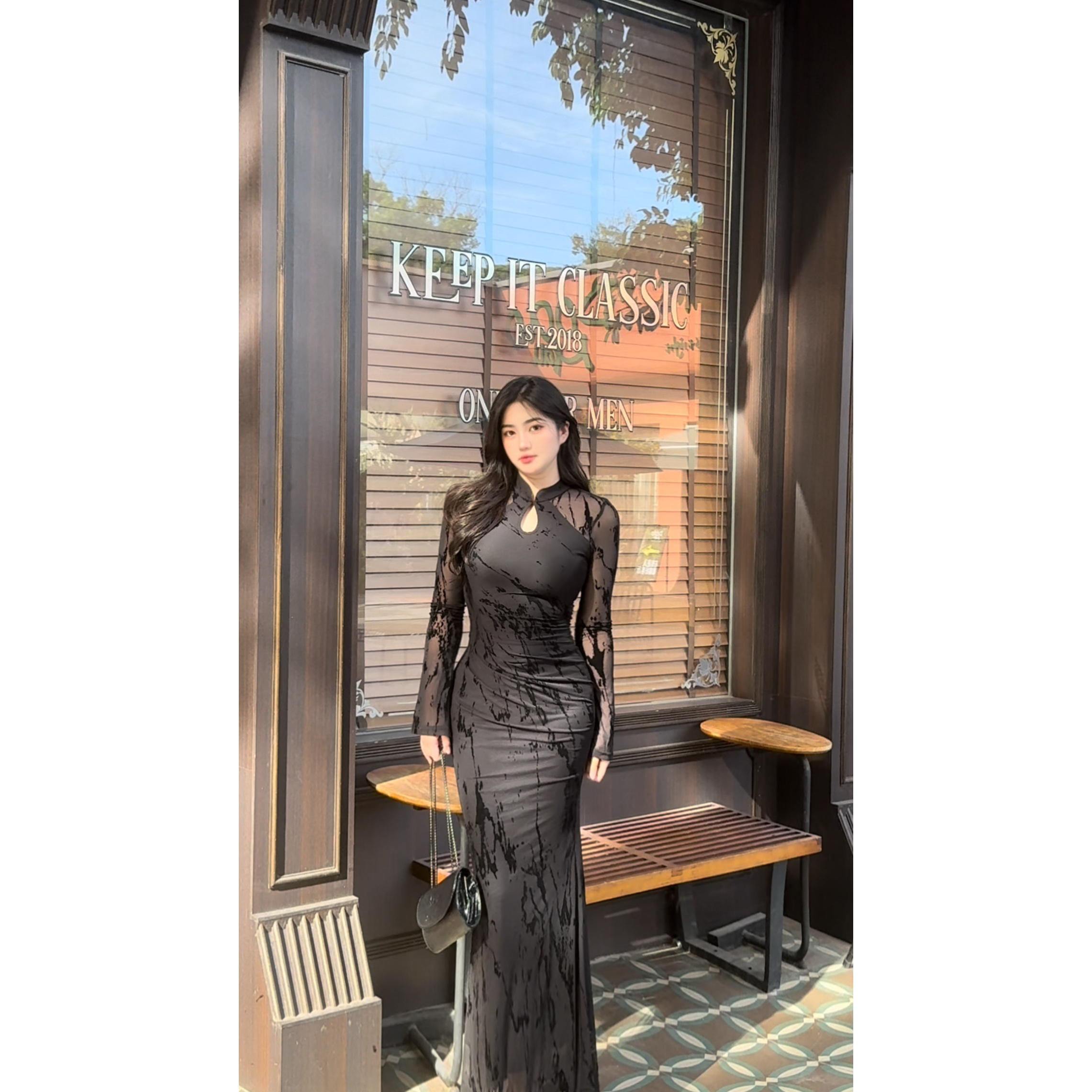 【墨韵佳人】秋季新中式植绒网纱黑色改良旗袍收腰显瘦国风连衣裙