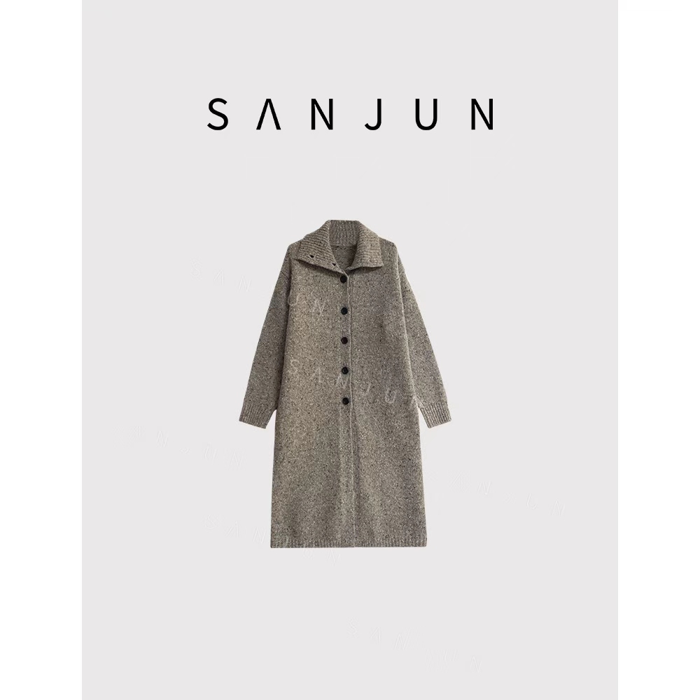 SANJUN【彩色织线】新款软糯高领针织羊毛开衫长款外套  7299