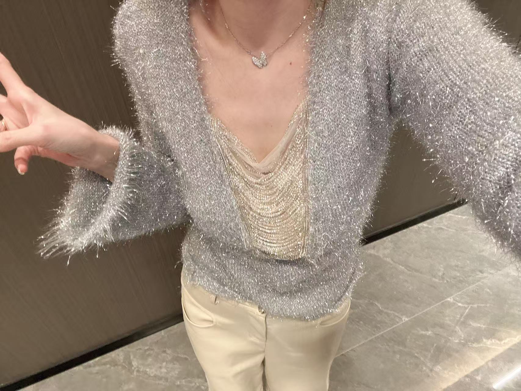 【BG原创轻奢】设计感时尚重工银线链条气质显瘦V领毛衣