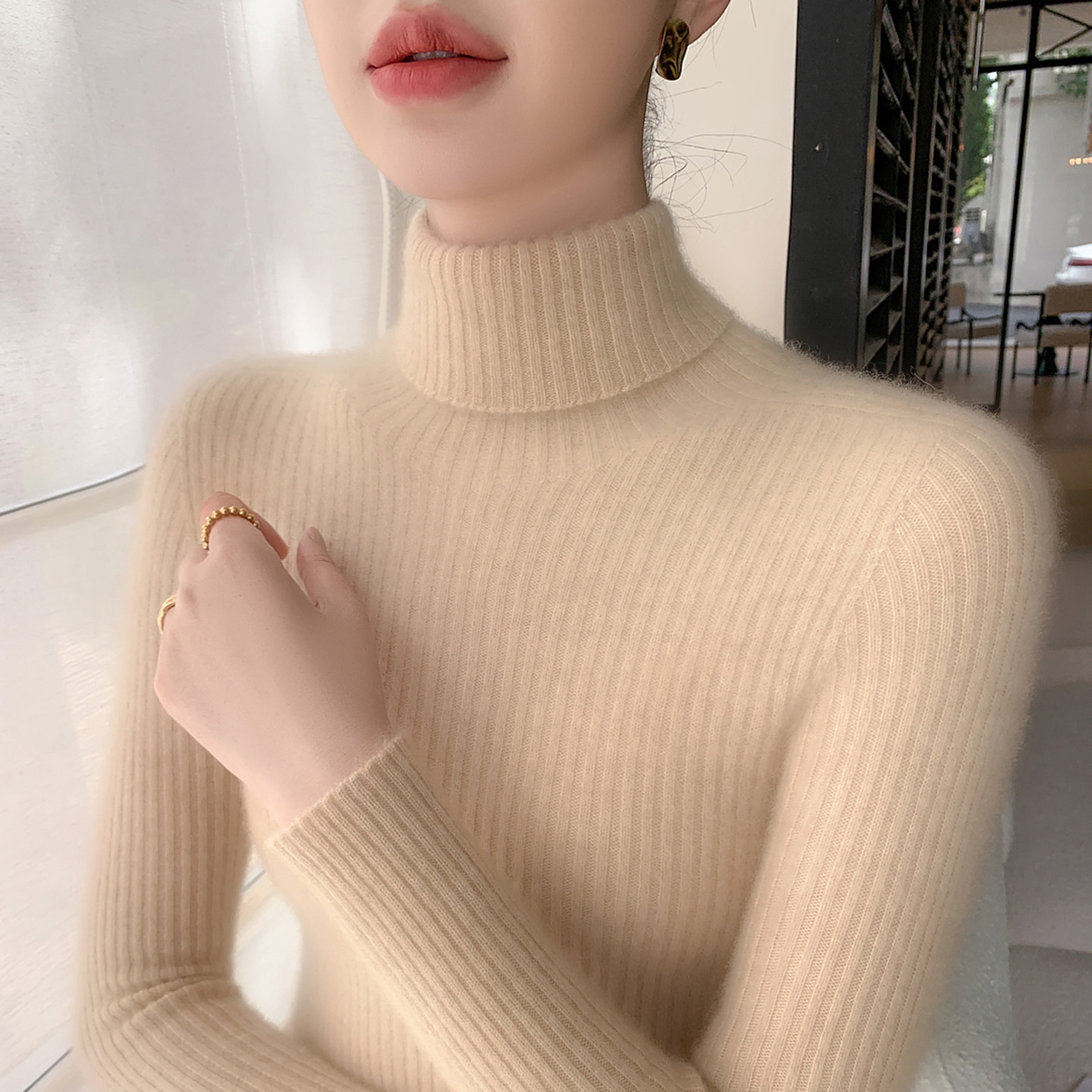 【一线成衣】100羊毛厚款毛针织衫冬季简约针织衫修身套头高领显瘦