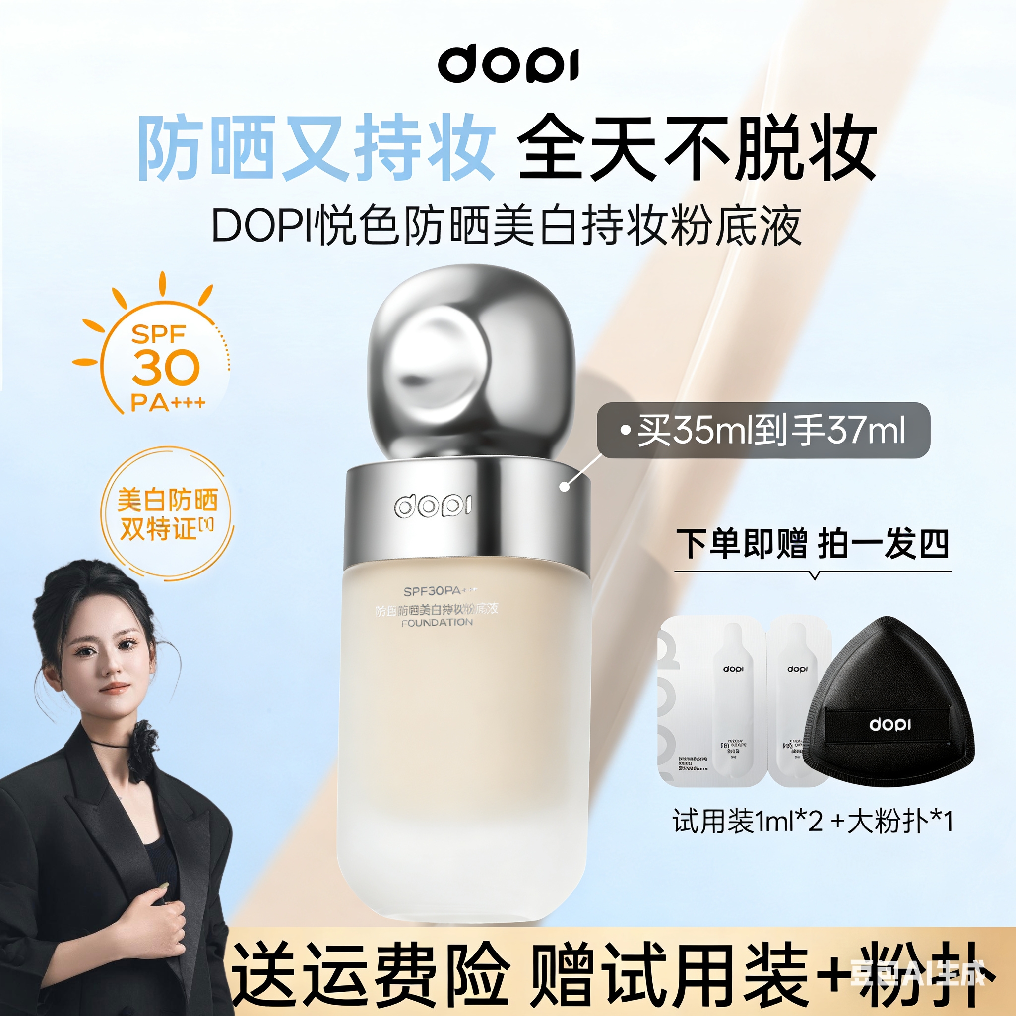 DOPI悦色柔光防水持妆防汗学生粉底液不脱妆持久