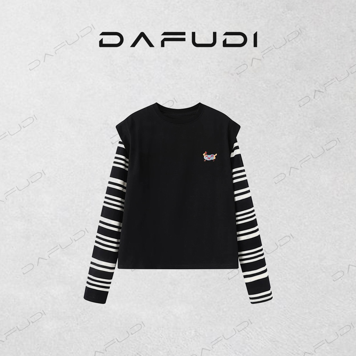 DZ容诺【吴昕明星同款】甜妹条纹长袖t恤女卡通印花马甲两件套Z5481