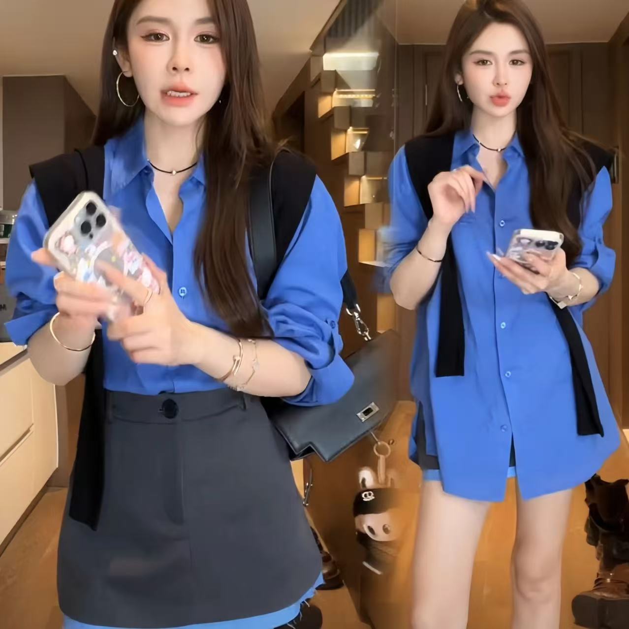 小云儿同款早秋穿搭套装巨好看韩系减龄蓝色长袖衬衫半身裙两件套