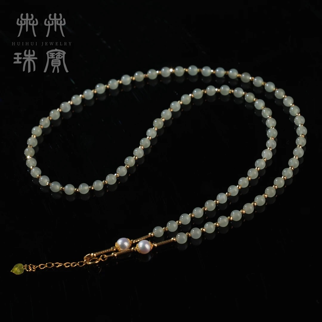 【千芊薏】高冰和田玉18k金时尚设计款珍珠配件万能项链深浅可选