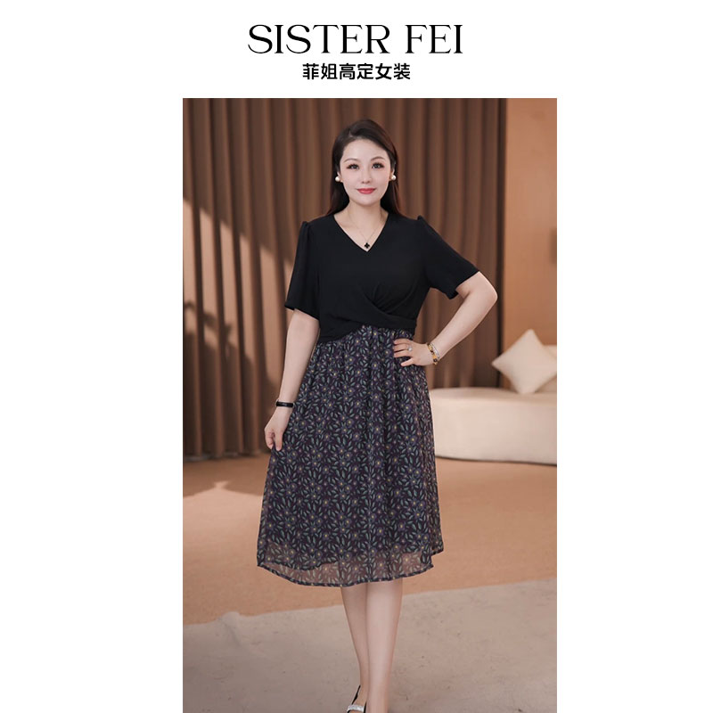 菲姐定制大码女装气质假两件夏季碎花连衣裙ZB7221