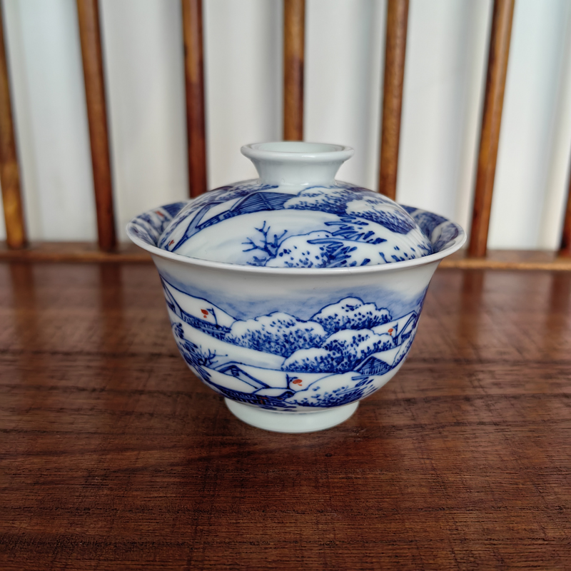 满绘雪景两才盖碗 国家一级美术师刘贤涛 景德镇陶瓷柴窑青花茶具