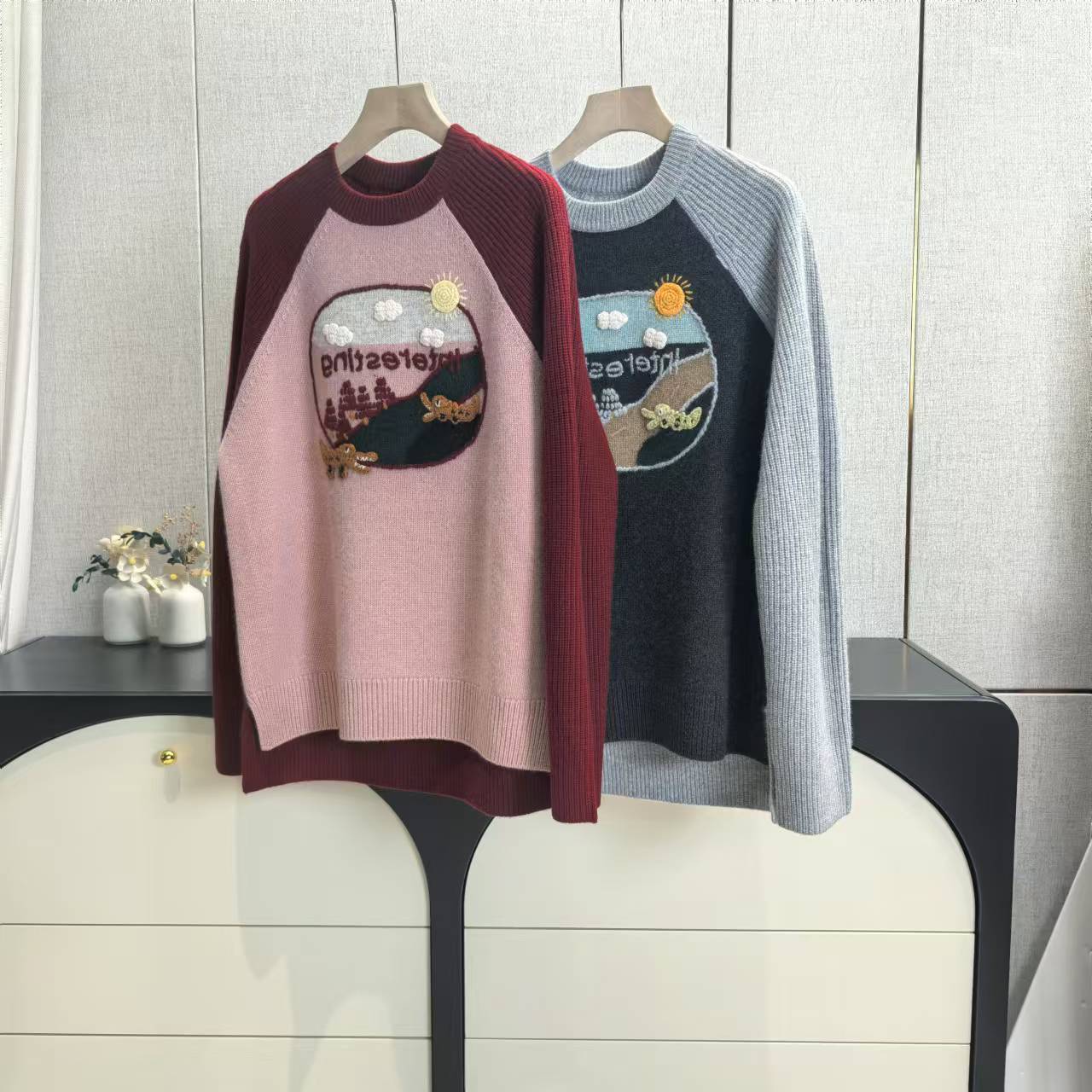 GY813紫标系列-恐龙插肩袖卡通图案山羊绒衫