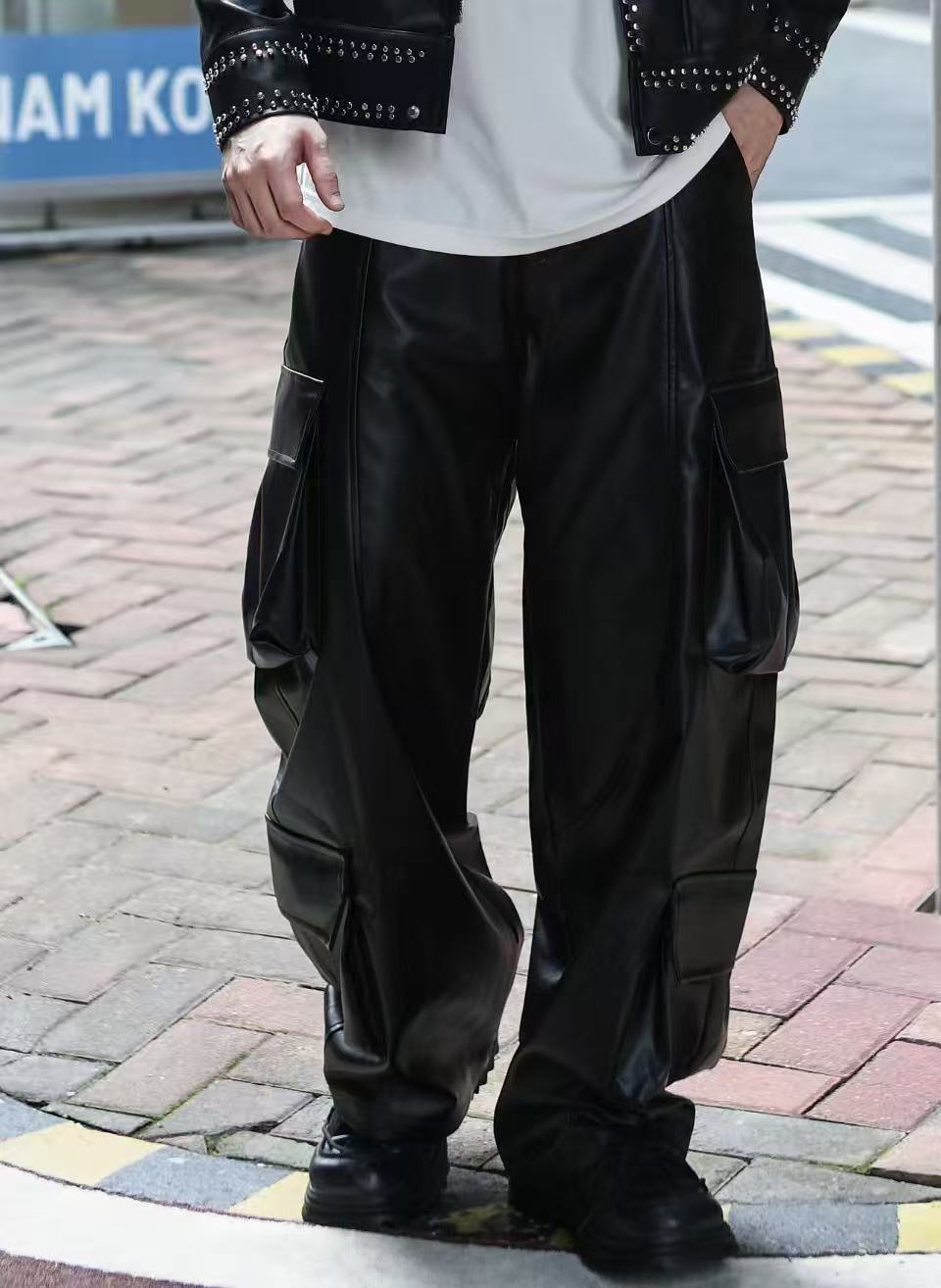 （年底清仓）男士休闲皮裤弯刀裤多口袋阔腿宽松直通裤