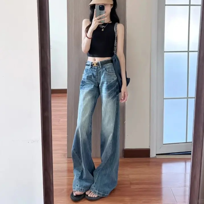 美式复古慵懒感水洗褶皱牛仔裤女2025夏季新款低腰显瘦宽松阔腿裤