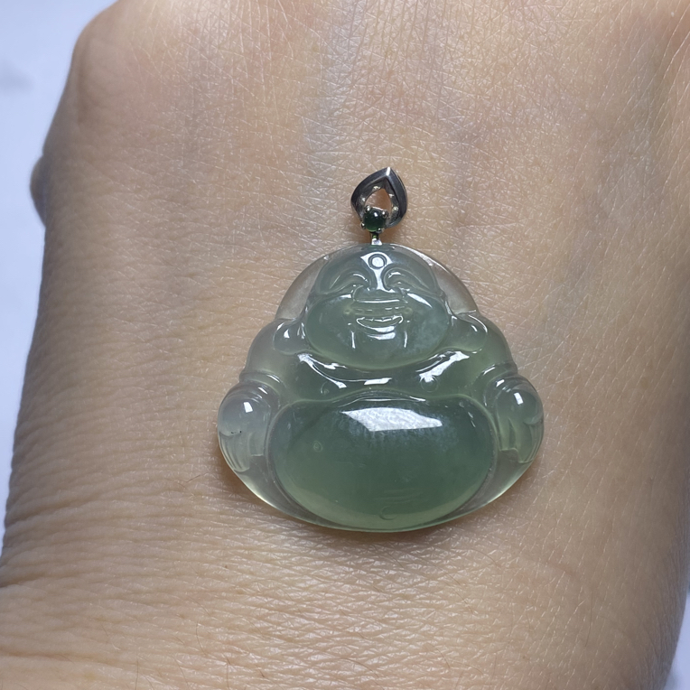 天然缅甸A货翡翠18K金镶老坑冰晴底大肚笑佛