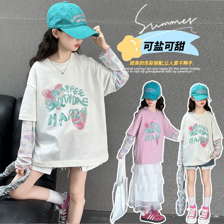 女童短袖T恤夏季2025新款儿童装洋气纯棉t夏天大童假两件防晒衣潮