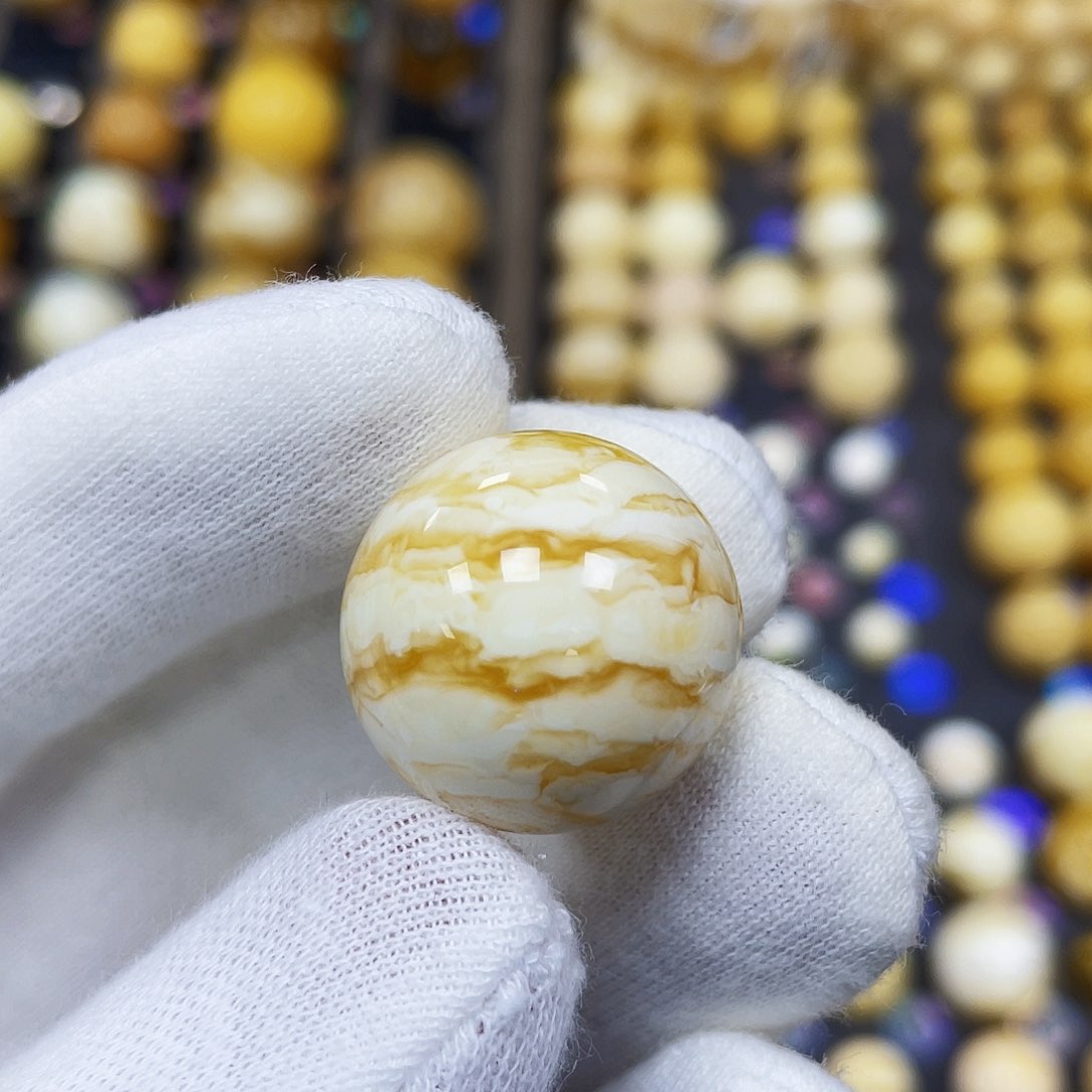 蜜蜡珠宝奇石未镶嵌21.0mm石膏瓷蜡金丝虎皮｜圆珠